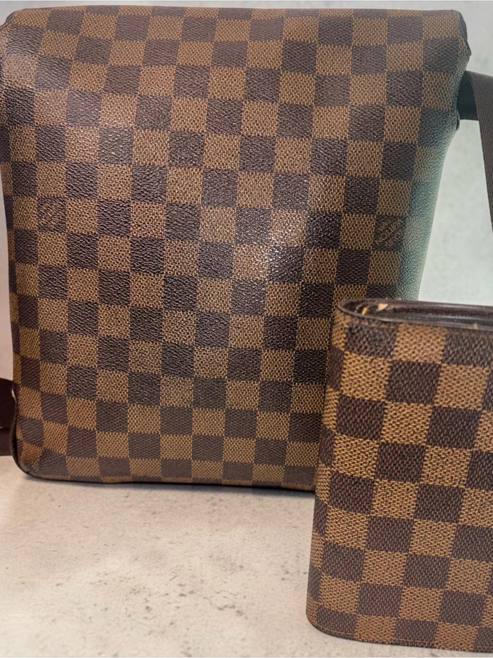 Louis Vuitton Brown Damier Ebene Messenger Bag + Matching Long Wallet Bundle